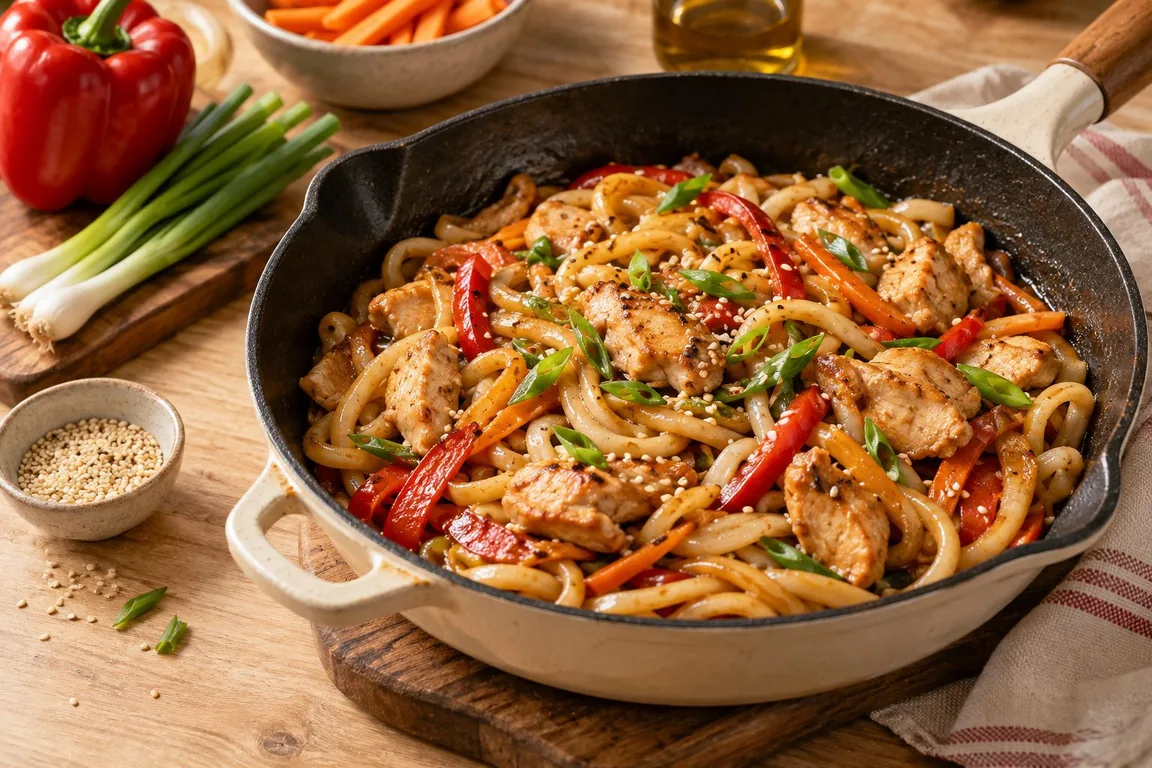 Домашний удон с курицей и овощами