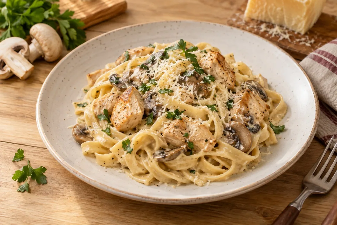 Паста с курицей и грибами дома