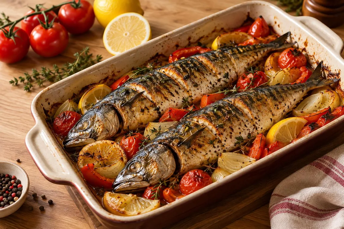 Запечённая скумбрия с овощами