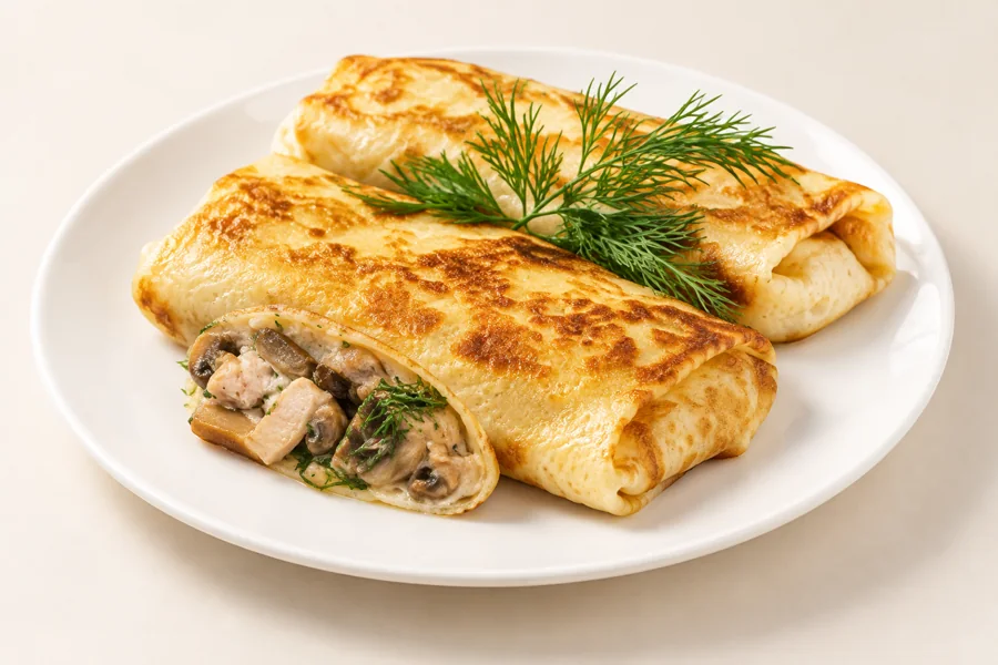 Блинчики домашние с курицей и грибами — кафе «Родаковъ», Родаково