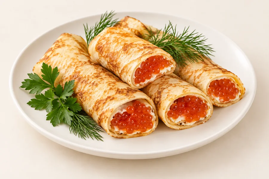 Блинчики домашние с красной икрой — кафе «Родаковъ», Родаково
